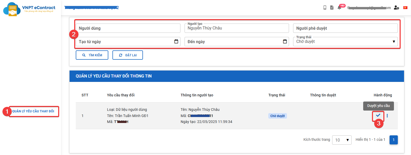 Duyệt yêu cầu thay đổi thông tin người dùng