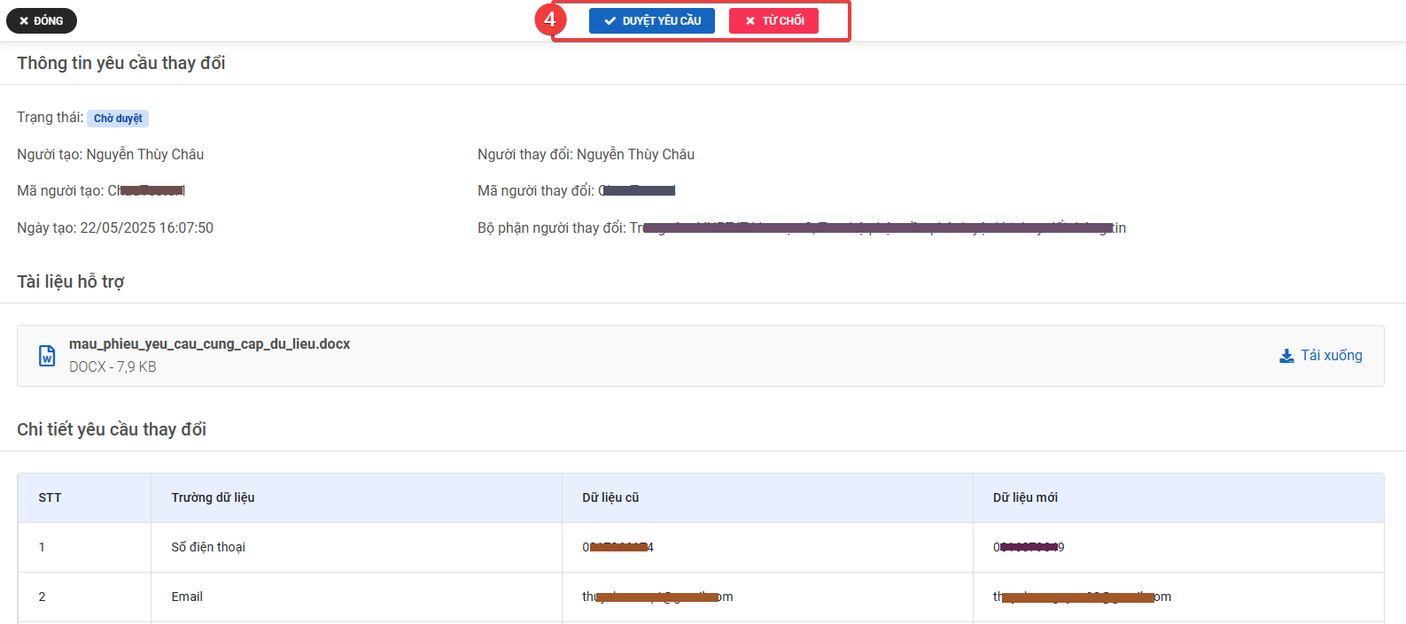 Màn hình xử lý yêu cầu thay đổi