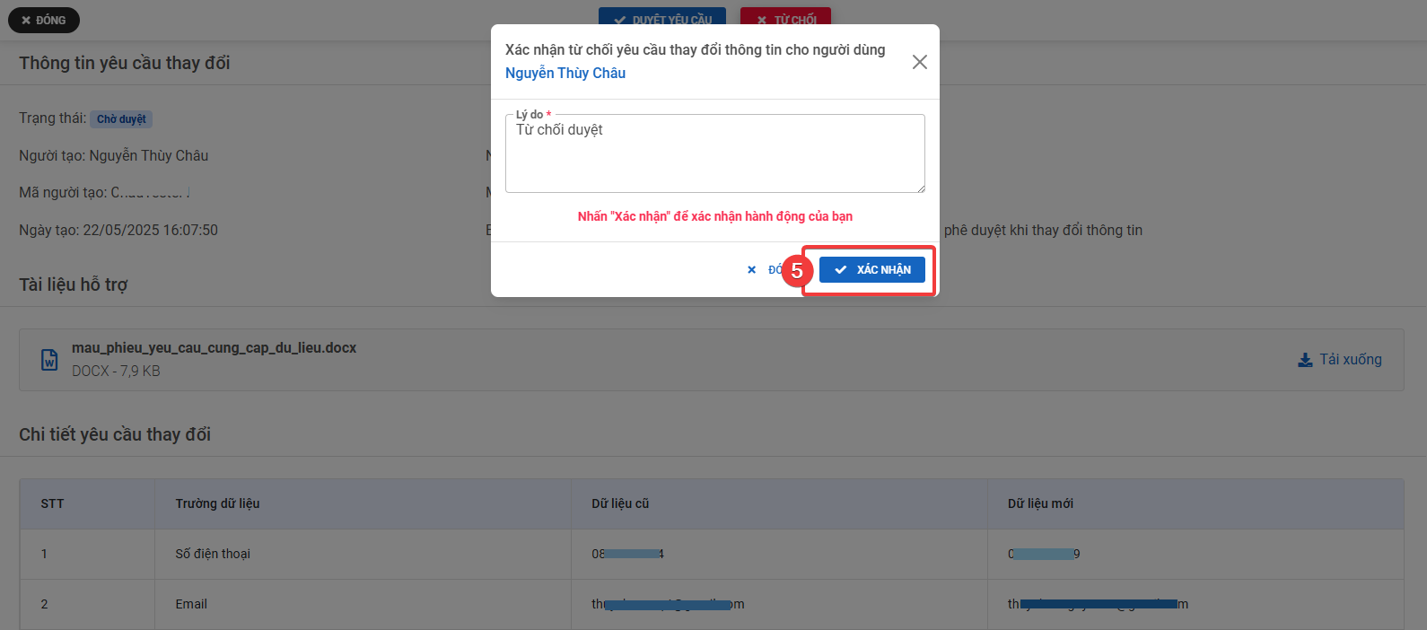 Xác nhận từ chối yêu cầu thay đổi