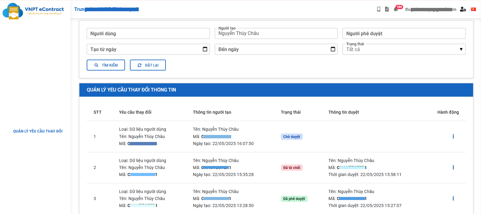 Màn hình theo dõi lịch sử duyệt yêu cầu